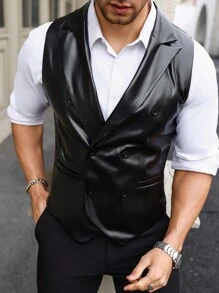 Manfinity Mode 男士鑲邊領純色兩排扣商務休閒西裝皮革背心 - 黑色 - 查看 5