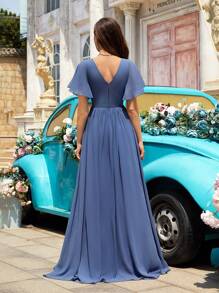 QOQ Fashion Elegant Women Summer Formal Dress Party Chic Evening Gown For Evening Party, Galas, Red Carpet, Prom, Graduation Season Holiday, Homecoming Haze Blue Embroidered V-Neck Slit Chiffon Graduation Long Dresses - Dusty Blue - View 2