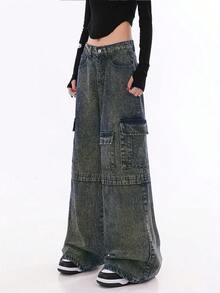 Jeans cargo anchos de múltiples bolsillos de estilo callejero Y2K para mujeres, pantalones vaqueros rectos y de pierna ancha de moda para el trabajo - Azul Cadete - Ver 5