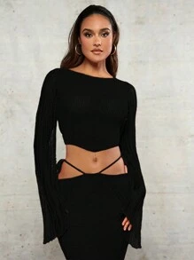 SHEIN BAE Cover Ups Orange Crochet Textured Hollow Big Backless Trumpet Long-Sleeved Spring And Summer Holiday Clothing Women's Top - Black - View 1