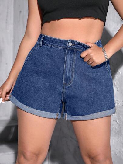 SHEIN 大尺碼高腰無彈力牛仔短褲