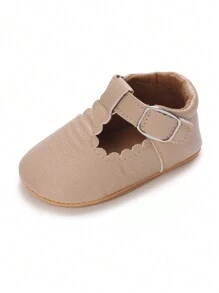 Baby Litchi Embossed Scallop Trim Ankle Strap Flats - Apricot - View 3