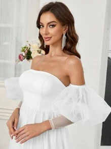 SHEIN Belle Elegant And Romantic Princess Dress, Strapless Bubble Sleeves, Net Yarn And Bright Shiny Material, Women Cocktail Party Dress - White - View 6