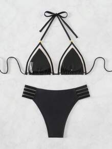 SHEIN Swim Conjunto de bikini con empalme de malla para vacaciones de verano en la playa