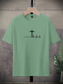 Manfinity Homme Men Summer Casual Short Sleeve T-Shirt With ECG And Cross Print, Christian Graphic Tees Men, Cross T-Shirt, Men's Green Graphic Tee, Men's Green T-Shirt - Mint Green - View 6