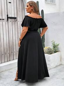 SHEIN VCAY Fashionable Plus Size Women Solid Color Off Shoulder Top And Skirt Set