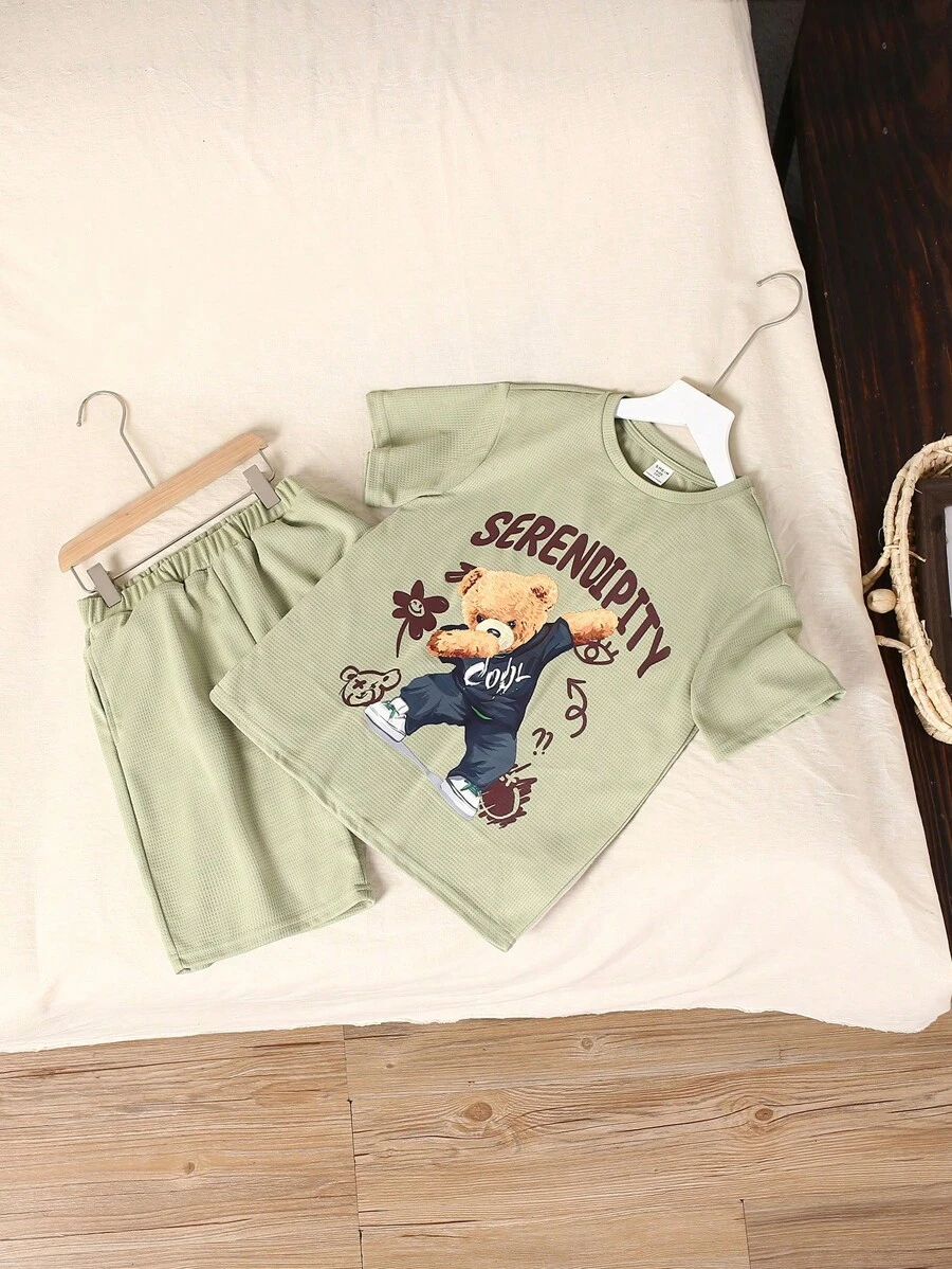 Tween Boy Loose Fit Casual Round Neck Pattern Print Short Sleeve T-Shirt And Shorts Set - Mint Green - View 1