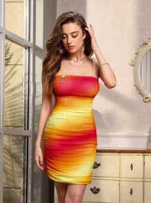Aveloria Summer Tie Dye Mesh Spaghetti Strap Dress With Detachable Tassel, Rhinestone Decoration, Adjustable Waist