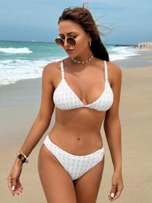 SHEIN Swim Women's Diamond Pattern Pearl Decorated Bikini Set Summer Beach - White - View 1