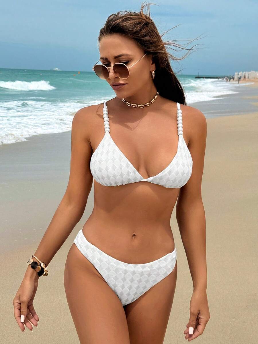 SHEIN Swim Women's Diamond Pattern Pearl Decorated Bikini Set Summer Beach - White - View 1