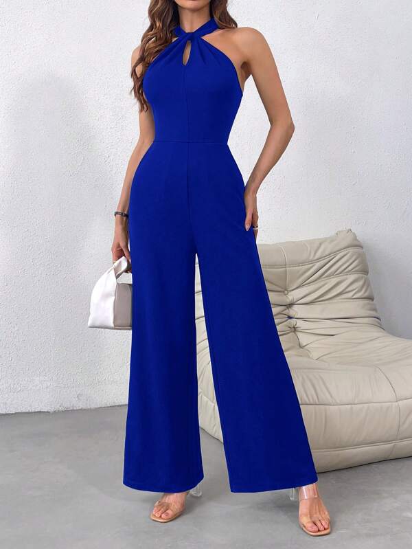 Firerie Women Summer Solid Color Halter Neck Loose Wide Leg Elegant Jumpsuit With Hollow Out Design