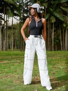 SHEIN EZwear Women Summer Casual Loose Straight Cargo Pants In White With A Built-In Belt - White - View 3