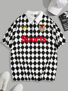 Manfinity VCAY Men's Casual Short Sleeve Polo Shirt With Diamond Pattern, Letters And Print For Summer - Black and White - View 1