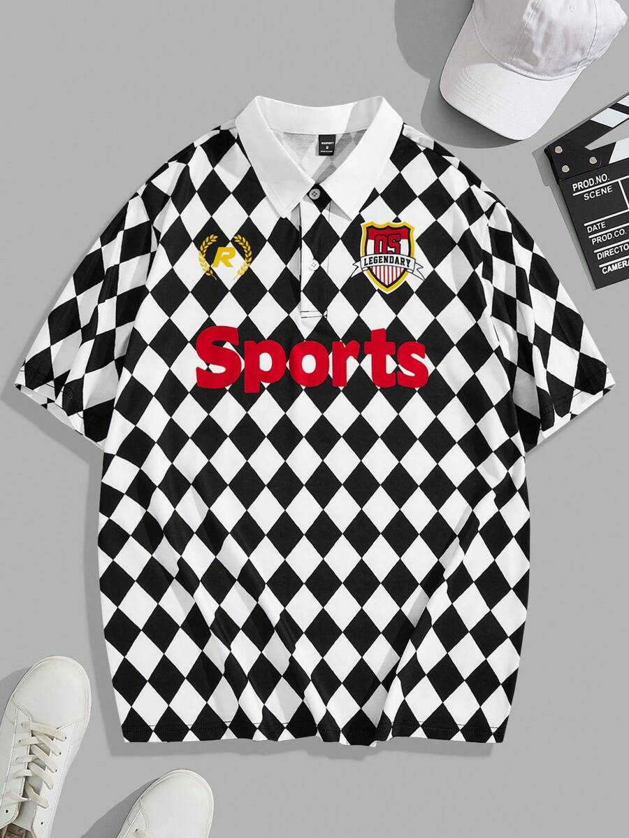 Manfinity VCAY Men's Casual Short Sleeve Polo Shirt With Diamond Pattern, Letters And Print For Summer - Black and White - View 1