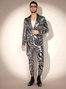 FeverCity Men Full Printed Sequin Long-Sleeved Jacket + Trousers Suit - Silver - View 1