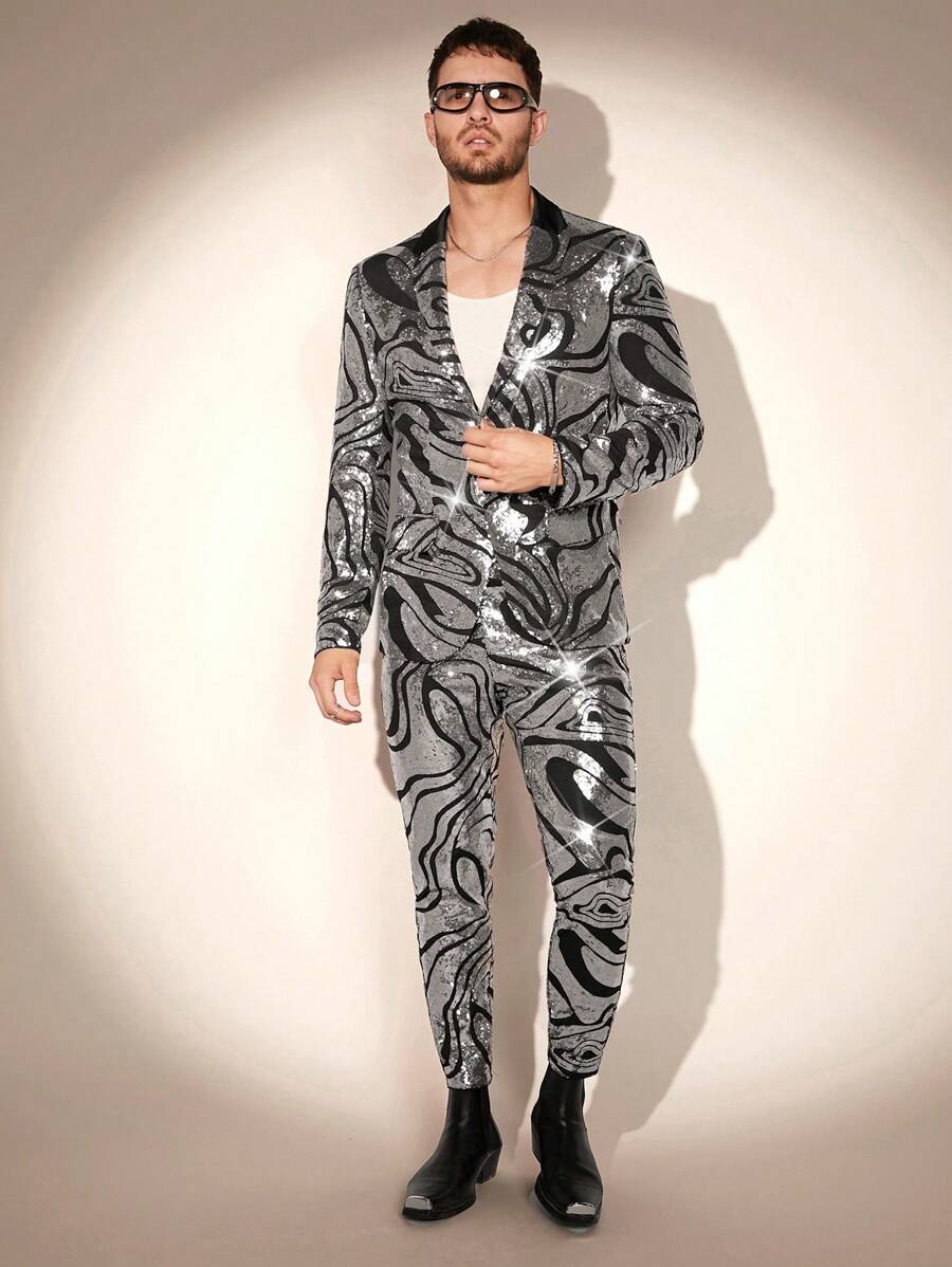FeverCity Men Full Printed Sequin Long-Sleeved Jacket + Trousers Suit - Silver - View 1