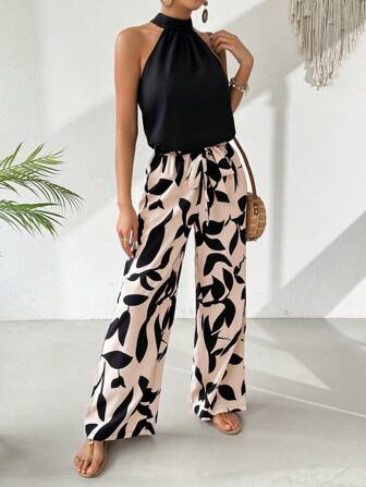 EMERY ROSE Ensemble 2 pièces pour femmes : Chemisier en Top imprimé feuilles et unicolore + Pantalon à jambes larges taille élastique, printemps/été