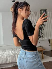 DAZY Backless Fitted Short Sleeve Casual T-Shirt For Women Going Out Tops Summer,Halter Top - Dark Grey - View 3