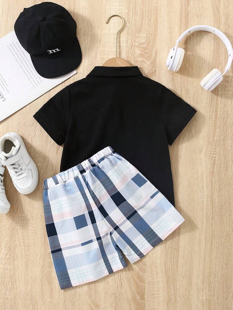 Boys Casual College Comfortable Plaid Patch Pocket Half-Open Shirt Collar Suit