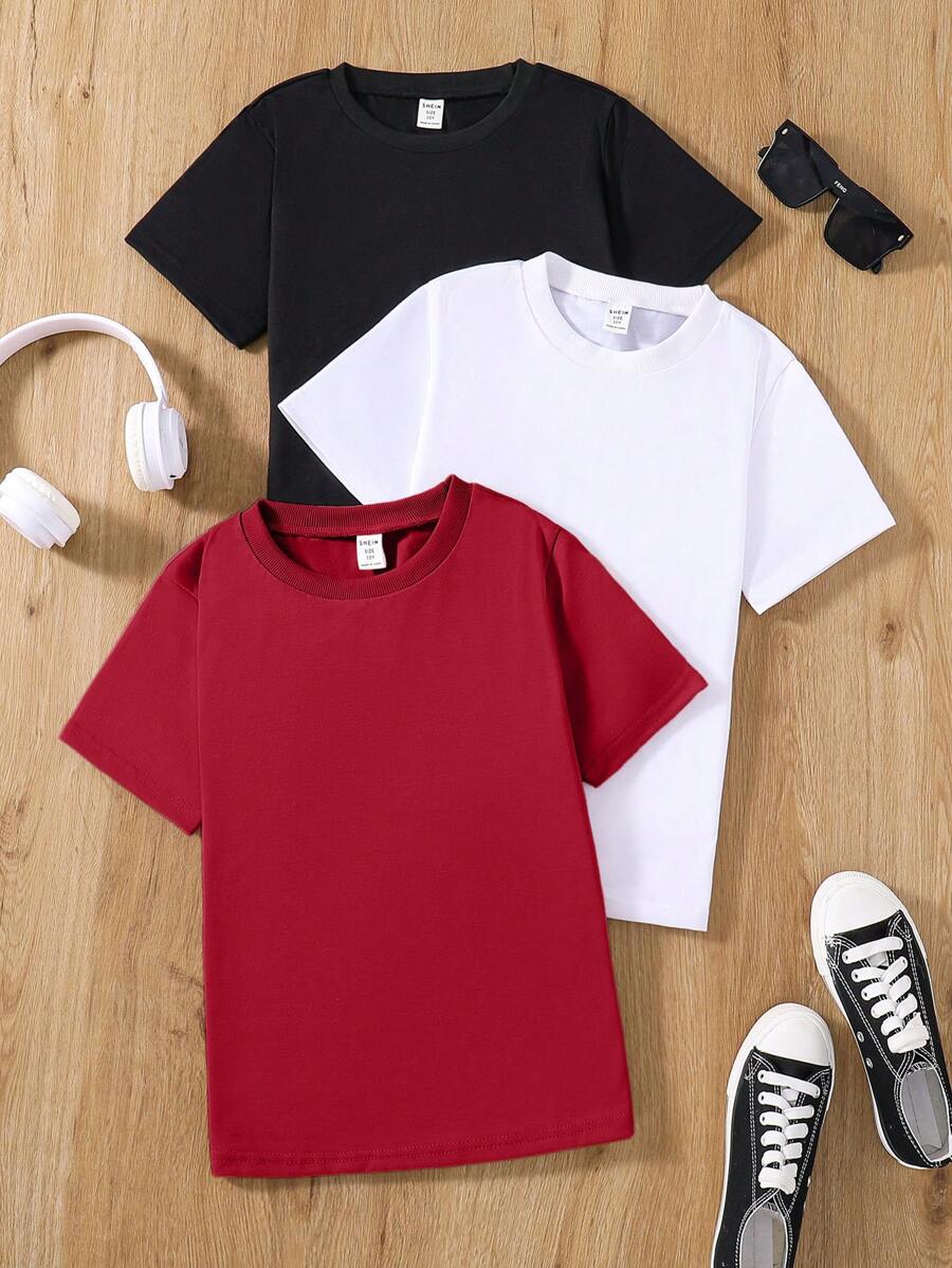 SHEIN 3 cái/bộ Áo thun dệt kim thông thường nhiều màu cho bé trai Tween - Đỏ - Xem 1