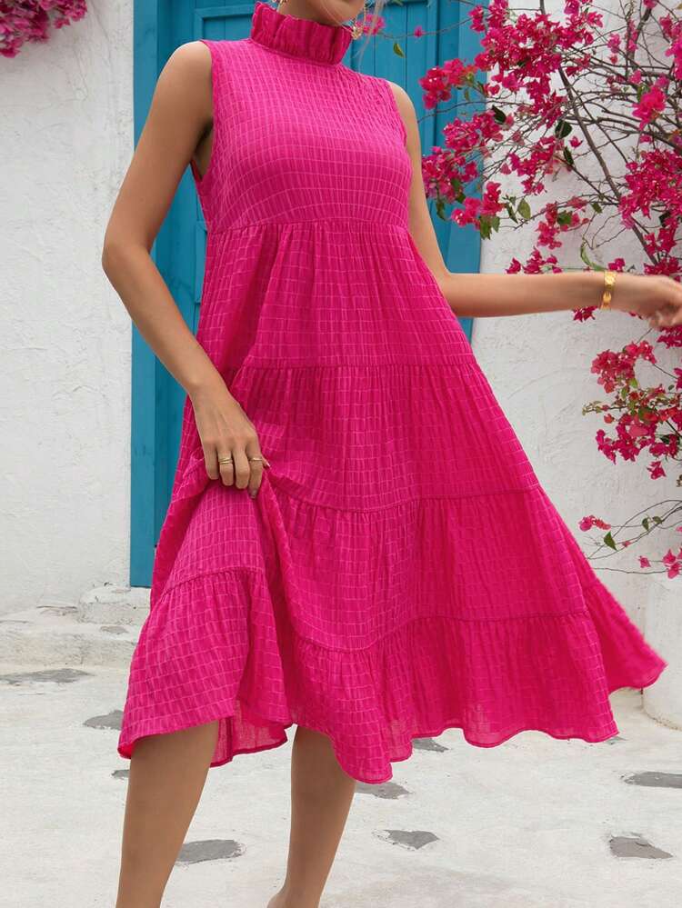 Women Plain Textured Stand Collar Sleeveless Umbrella Swing Dress For Vacation & Leisure