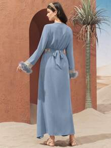 Al Najma Turkish Style Long Dress With V-Neck, Contrast Belt, Fluffy Cuffs And Leather Patchwork, Modest Kaftan