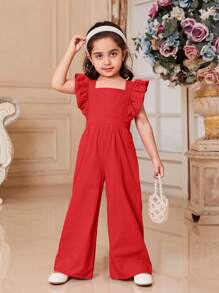 Cô gái trẻ Bộ áo liền quần thoải mái dễ thương với tay áo có mũ và đường viền cổ vuông - Đỏ - Xem 2