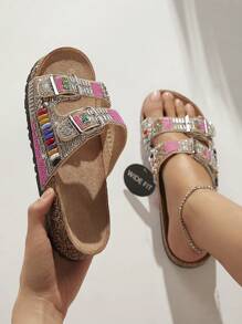 SHUZIA Giày sandal đế bần hở mũi đính hạt boho rộng rãi cho nữ - Nhiều màu sắc phong cách cổ điển Quà tặng ngày lễ năm mới Giày mùa hè cho ngày lễ tình nhân - Màu Hoa hồng đỏ - Xem 3