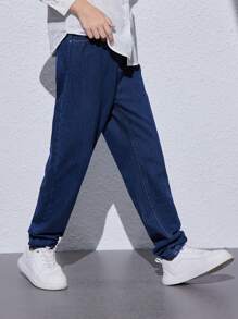 SHEIN Tween Boy Casual Tapered Jeans With Slanted Pockets And Elastic Waistband At The Back, School, Campus, College Chic Autumn/Winter - Dark Wash - View 6