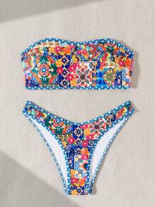 SHEIN Swim 度假海灘花卉印花分體比基尼套裝，夏日海灘必備 - 彩色 - 查看 5