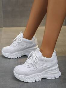 秋冬女士修身厚底系带休闲坡跟运动鞋