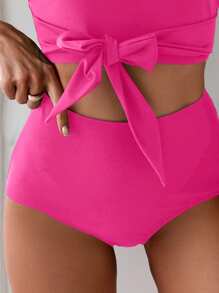 SHEIN Swim Summer Beach Women Solid Color Knot Front Tankini Top And Swim Bottom Set For Beach Vacation - Hot Pink - View 3