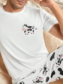 Bộ đồ ngủ nam tay ngắn và quần short in họa tiết bò mùa hè - Đen và trắng - Xem 5