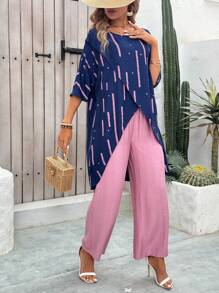 Crossover Tops Short Sleeve Women 2 Pieces Matching Sets - Pink - View 5