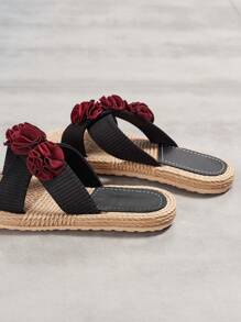 女士時尚平底涼鞋紅色花朵，一字型拖鞋，女式休閒夏季沙灘鞋 - 紅色 - 查看 5