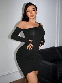 SHEIN SXY x STAS Women Early Spring Asymmetric Collar Long Sleeve Thumbhole Sexy Bodycon Dress - Black - View 5