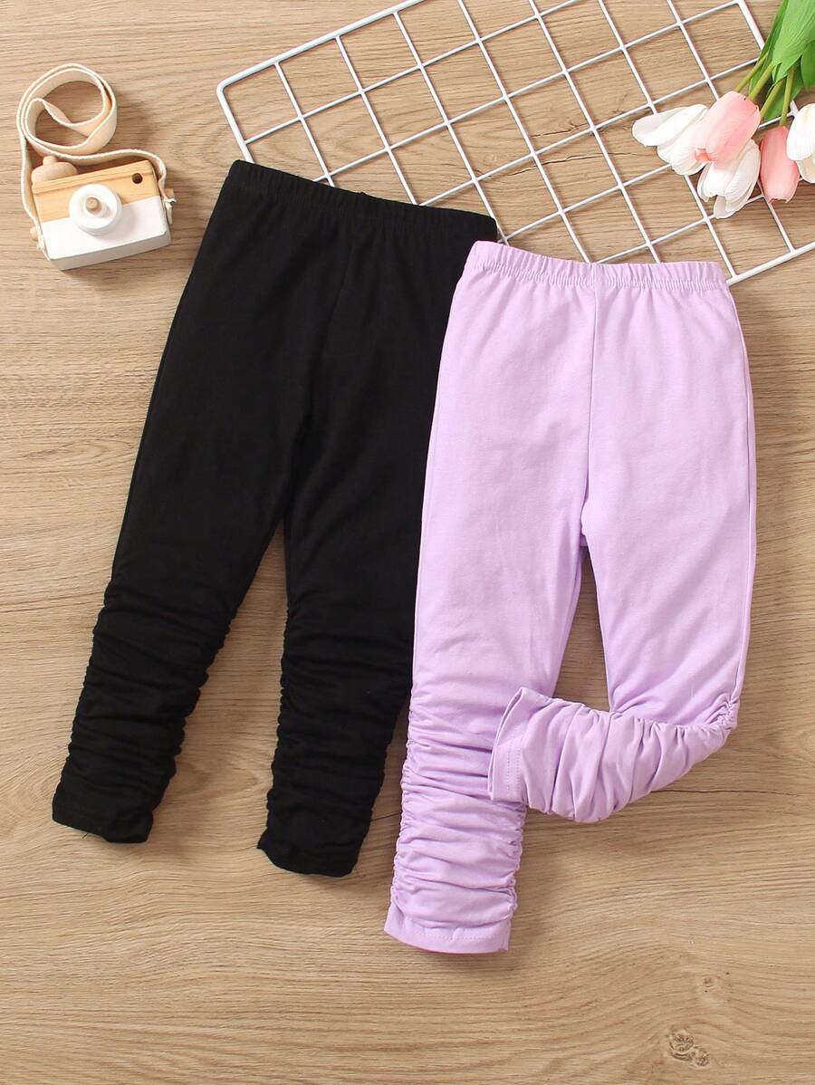 SHEIN Young Girl Solid Color Simple Daily Pants With Pleated Design - Purple - View 1