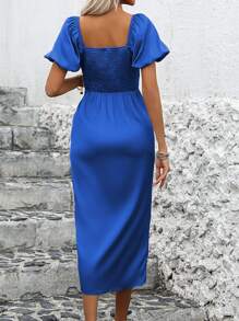 SHEIN Clasi Vestido de verano de unicolor para mujer con cuello en V de corazón, mangas cortas y dobladillo dividido