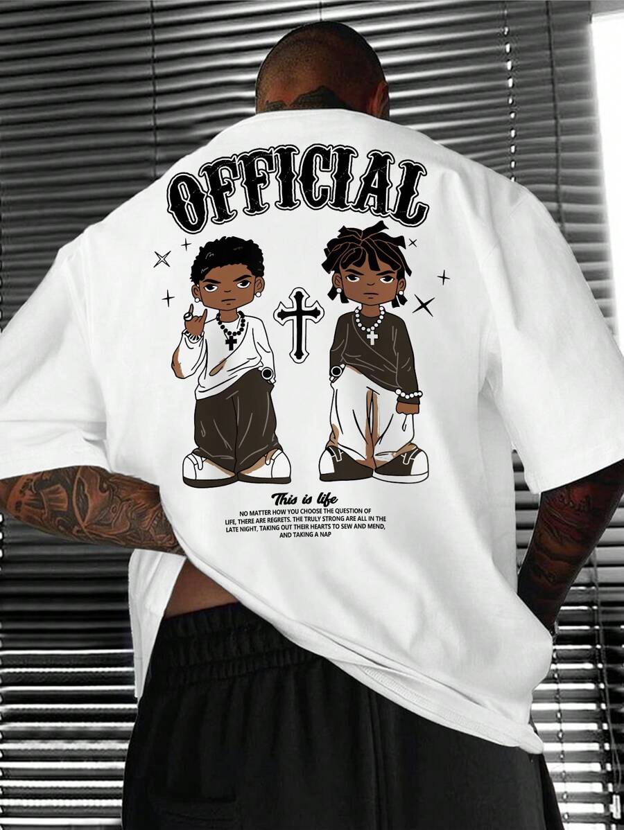 Manfinity LEGND 男士夏季短袖T卹，印有字母和圖案，圓領設計 - 白色 - 查看 1