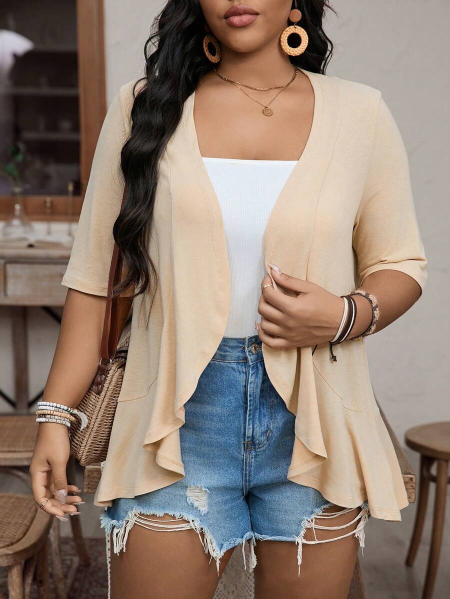 SHEIN LUNE Váy kimono ngắn tay trơn phong cách nghỉ dưỡng cỡ lớn có viền nhún bèo mùa hè - Màu Khaki - Xem 1