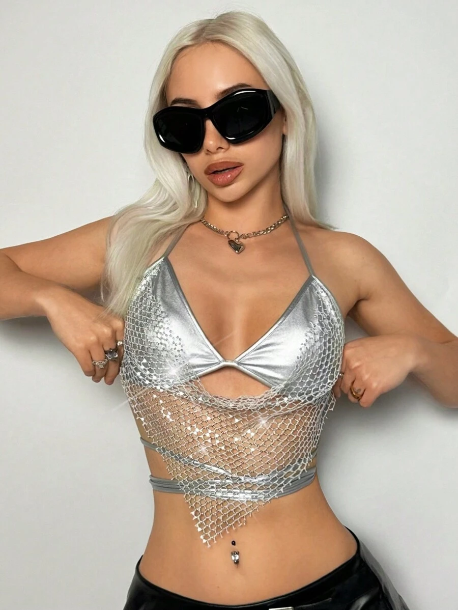 SHEIN ICON Going Out Tops Women Fashionable Fishnet Halter Neck Y2K Football Jersey Glitter Party Bra Top With Straps And Open Back