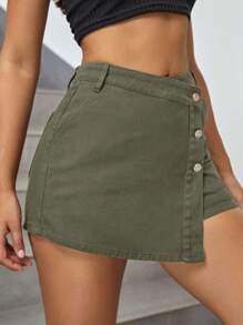 SHEIN ICON Váy Denim Nữ Có Viền Bất Đối Xứng Và Có Nút Nửa Túi - màu xanh lá - Xem 4