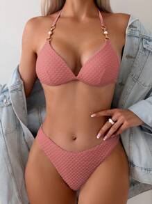 Swim SXY Women Summer Beach Vacation Solid Textured Halter Neck Bikini Set - Pink - View 1