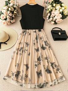 SHEIN Belle Plus Size Women Summer Butterfly Mesh Hem Tie-Neck Sleeveless Simple & Elegant Dress