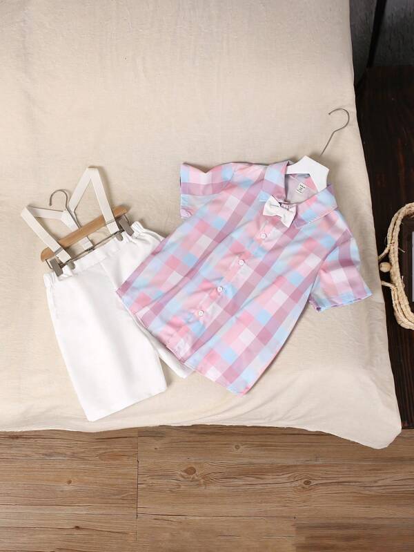 SHEIN Tween Boys' Loose College Lapel Woven Plaid Short-Sleeved Shirt Removable Suspender Shorts Two-Piece Set