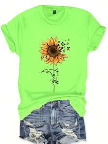 SHEIN LUNE Sunflower & Butterfly Print Casual Plus Size T-Shirt - Green - View 1