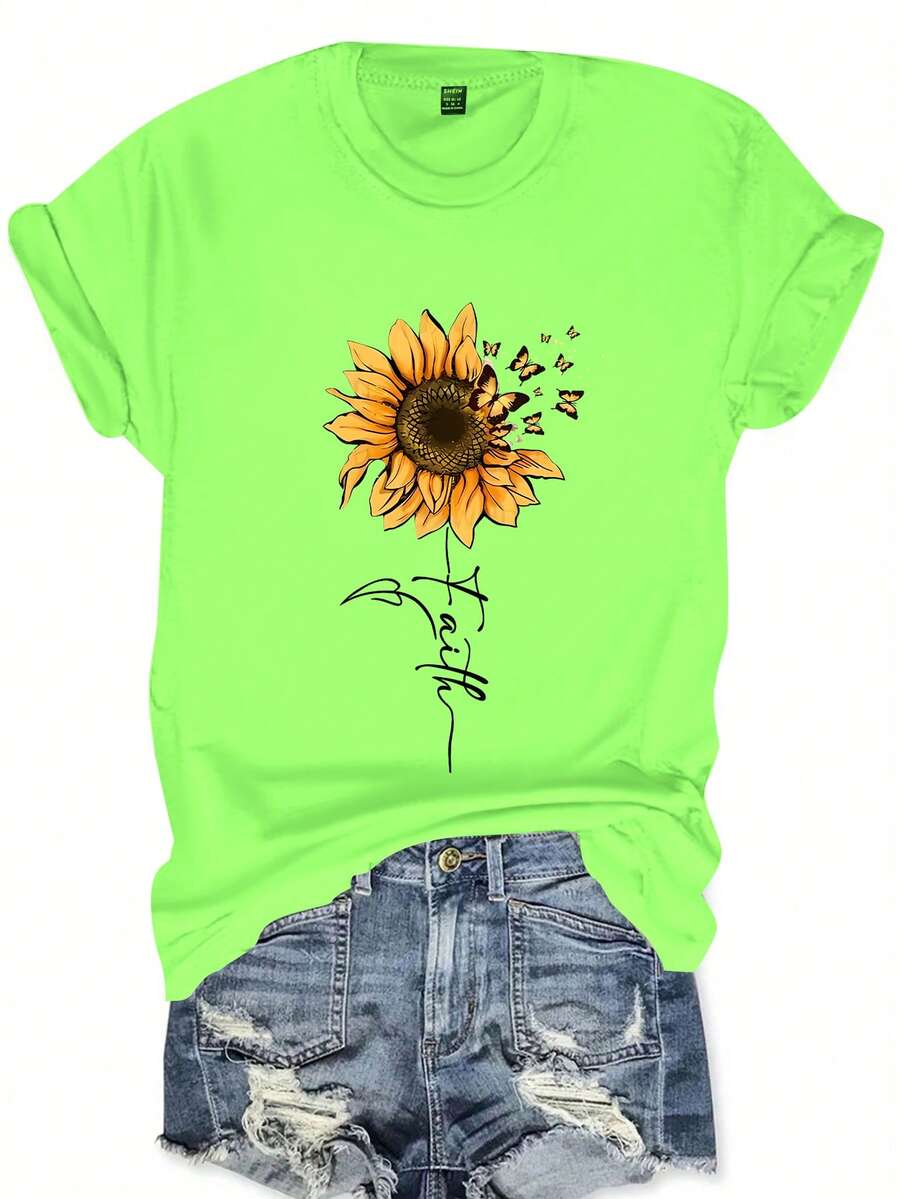 SHEIN LUNE Sunflower & Butterfly Print Casual Plus Size T-Shirt - Green - View 1