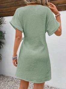 SHEIN VCAY 女士V領綁帶純色短袖連衣裙，適用於春夏季節 - 綠色 - 查看 2