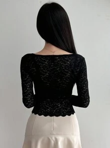 DAZY 女式春夏蕾丝边V领修身长袖透明上衣 - 黑色 - 查看 2