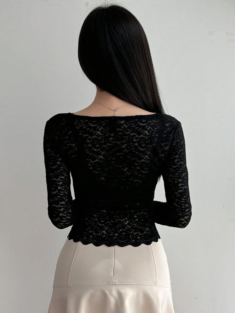 Women's Spring Summer Lace Trim V-Neck Slim Fit Long Sleeve Top Sheer